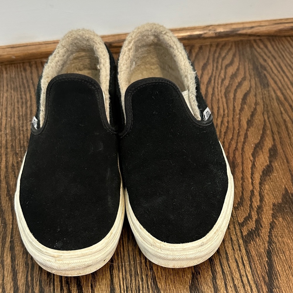Vans Black Slip-On Suede Sneakers with Cream Shearling Lining